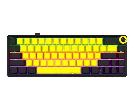 Wireless mechanical gaming keyboard Pro, 2.4 GHz, BT, RGB Backlight, 16 modes, 66 keys, 50M presses, linear Lorgar Toxic Purple switches, multimedia knob, built-in 3750 mAh battery, Hot Swap, Gasket mount, spring cable 2.3m, black yellow