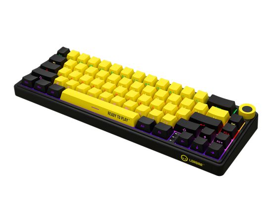 Wireless mechanical gaming keyboard Pro, 2.4 GHz, BT, RGB Backlight, 16 modes, 66 keys, 50M presses, linear Lorgar Toxic Purple switches, multimedia knob, built-in 3750 mAh battery, Hot Swap, Gasket mount, spring cable 2.3m, black yellow