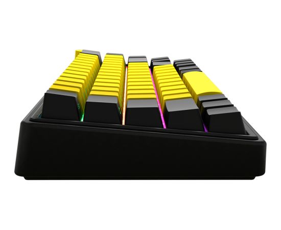 Wireless mechanical gaming keyboard Pro, 2.4 GHz, BT, RGB Backlight, 16 modes, 66 keys, 50M presses, linear Lorgar Toxic Purple switches, multimedia knob, built-in 3750 mAh battery, Hot Swap, Gasket mount, spring cable 2.3m, black yellow