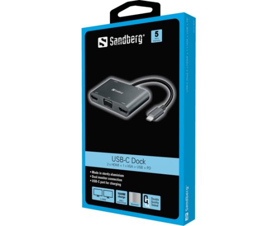 Sandberg 136-35 USB-C Dock 2xHDMI+1xVGA+USB+PD
