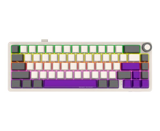 Wireless mechanical gaming keyboard Pro, 2.4 GHz, BT, RGB Backlight, 16 modes, 66 keys, 50M presses, linear Lorgar Toxic Purple switches, multimedia knob, built-in 3750 mAh battery, Hot Swap, Gasket mount, spring cable 2.3m, beige grey purple