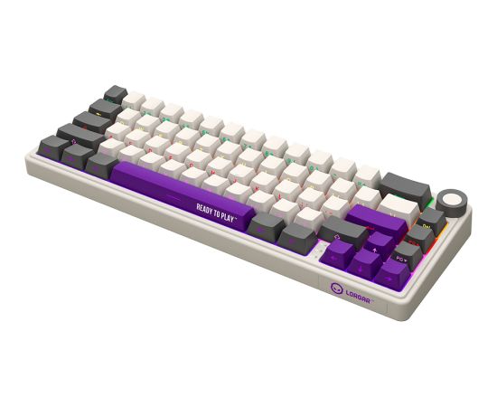 Wireless mechanical gaming keyboard Pro, 2.4 GHz, BT, RGB Backlight, 16 modes, 66 keys, 50M presses, linear Lorgar Toxic Purple switches, multimedia knob, built-in 3750 mAh battery, Hot Swap, Gasket mount, spring cable 2.3m, beige grey purple