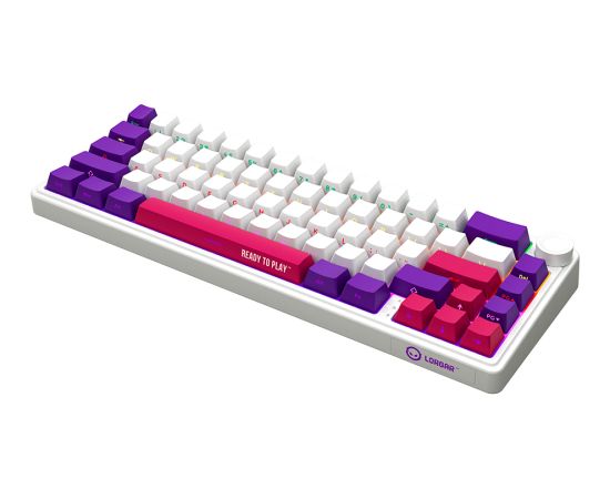 Wireless mechanical gaming keyboard Pro, 2.4 GHz, BT, RGB Backlight, 16 modes, 66 keys, 50M presses, linear Lorgar Toxic Purple switches, multimedia knob, built-in 3750 mAh battery, Hot Swap, Gasket mount, spring cable 2.3m, white red purple