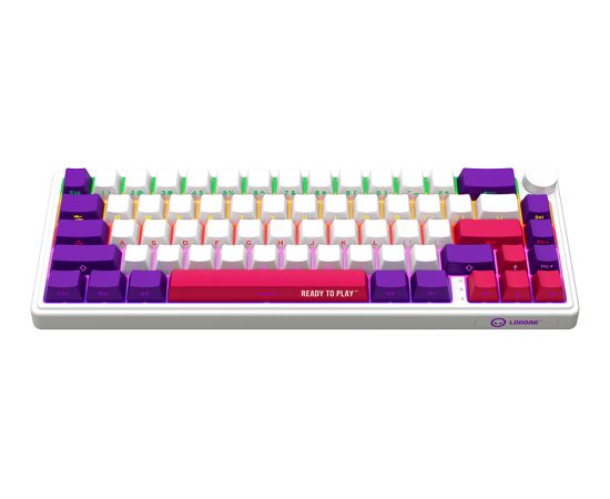 Wireless mechanical gaming keyboard Pro, 2.4 GHz, BT, RGB Backlight, 16 modes, 66 keys, 50M presses, linear Lorgar Toxic Purple switches, multimedia knob, built-in 3750 mAh battery, Hot Swap, Gasket mount, spring cable 2.3m, white red purple
