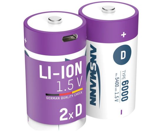 Аккумуляторы D 1,5В 6000мАч (Li-Ion 12Втч), с USB-C пиковая выходная мощность DC 1,5В 2А (коробка 2шт) ANSMANN