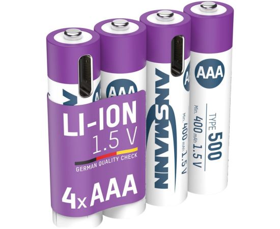 Аккумуляторы AAA 1.5V 500mAh (Li-Ion 0.74Wh), с пиковой выходной мощностью USB-C DC 1.5V 1A (коробка 4шт) ANSMANN