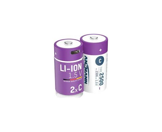 Uzlādējamas baterijas C 1,5 V 2500 mAh (Li-Ion 4,07 Wh), ar USB-C maksimālo izejas jaudu DC 1,5 V 2,5 A (2 gab. kaste) ANSMANN