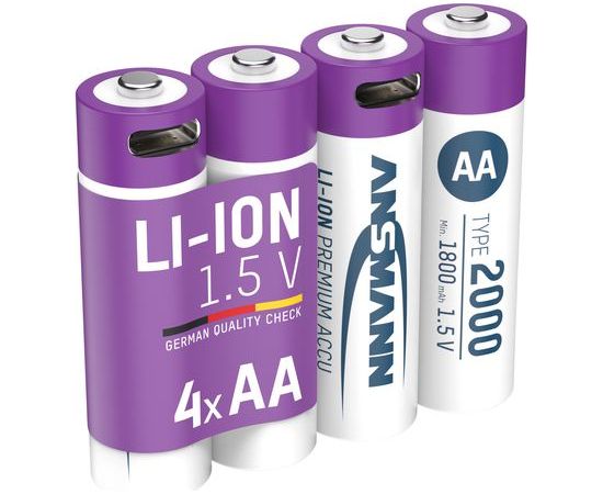 Uzlādējamās baterijas AA 1.5V 2000mAh (Li-Ion 3.26Wh), ar USB-C maksimālo izejas jaudu DC 1.5V 2A (4gab kaste) ANSMANN