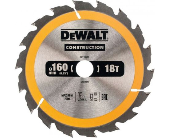 Griešanas disks kokam DeWalt DT1931-QZ; 160x20 mm; 18T