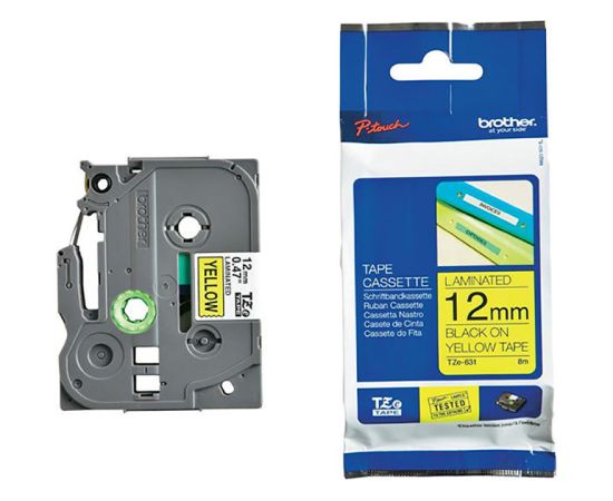 Lenta BROTHER P-touch TZE-631 melna-dzeltena, 12mm.