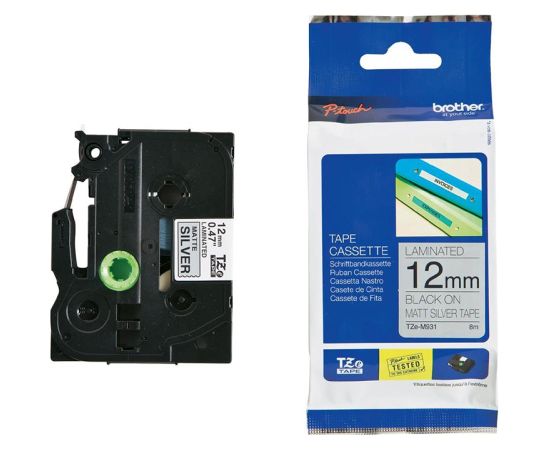 Lenta BROTHER TZE-M931, 12 mm x 5 m, melni burti uz sudraba fona (metaliskā)