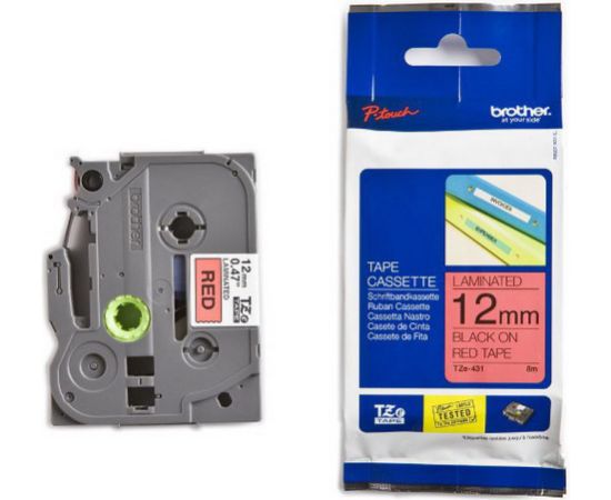 Lenta BROTHER TZE-431, 12 mm x 8 m, melni burti uz sarkana fona