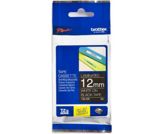 Lenta BROTHER TZE-335, 12 mm x 8 m, balti burti uz melna fona