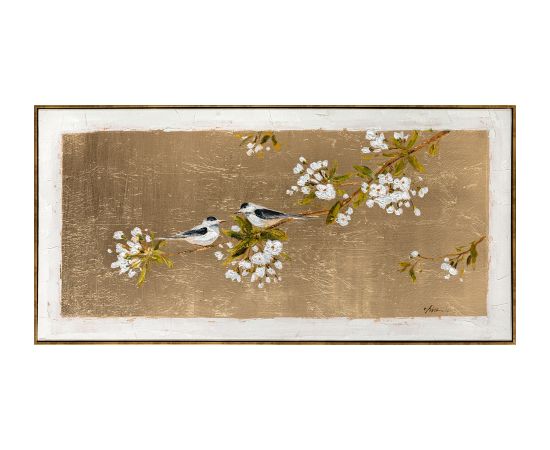 Painting with frame 60x120cm, bird on gold