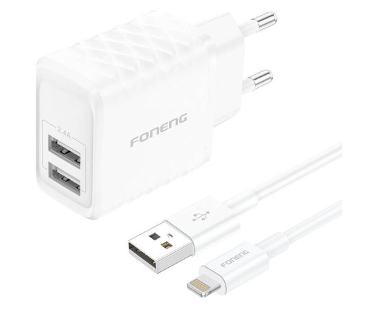 Foneng EU53 2xUSB-A, 2.4A network charger (White) + USB-A toLightning cable