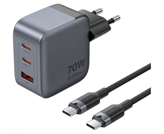 GaN Vention USB-C+C+A 70W Charger + USB-C-C Cable 1m (Gray)
