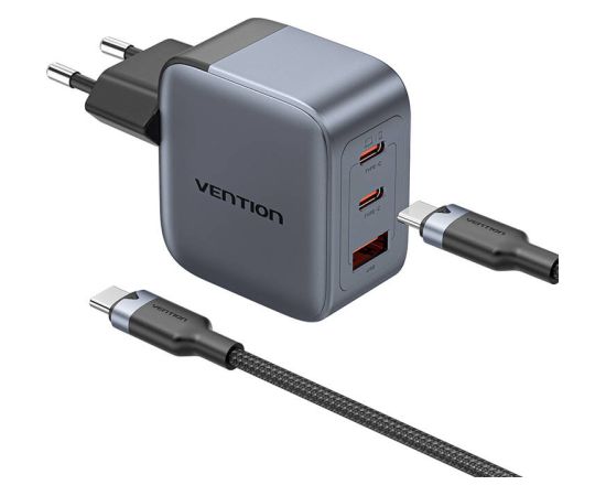 GaN Vention USB-C+C+A 70W Charger + USB-C-C Cable 1m (Gray)
