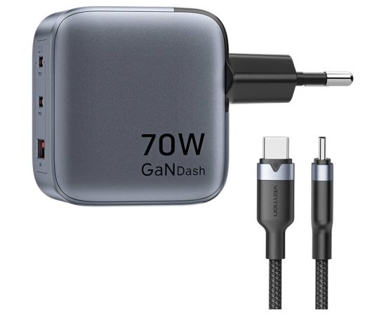 GaN Vention USB-C+C+A 70W Charger + USB-C-C Cable 1m (Gray)