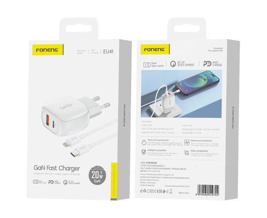 Foneng EU41 USB-C+USB-A 20W network charger + USB-C - Lightning cable (white)