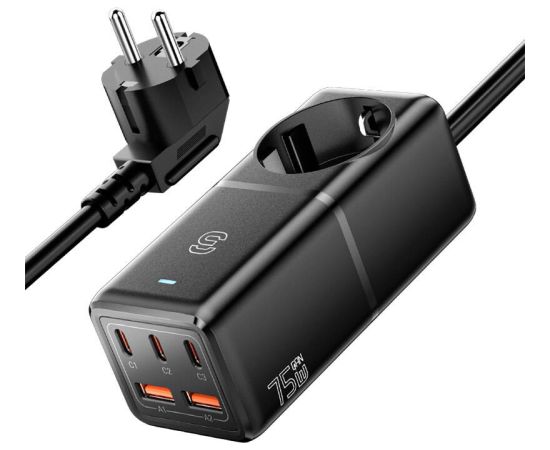 Wall charger, Essager, ECTAC-BRB01-Z, GaN, 3xUSB-C, 2xUSB-A, Gniazdko AC, 75W (black)