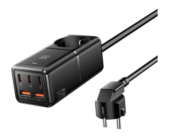 Wall charger, Essager, ECTAC-BRB01-Z, GaN, 3xUSB-C, 2xUSB-A, Gniazdko AC, 75W (black)