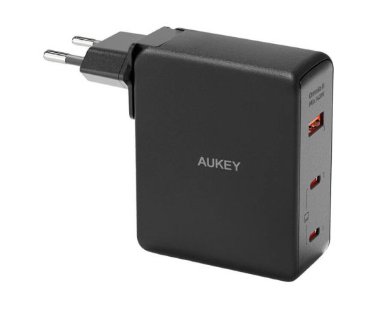 Wall charger Aukey PA-B7O, 1xUSB-A, 2xUSB-C, 140W GaN (black)