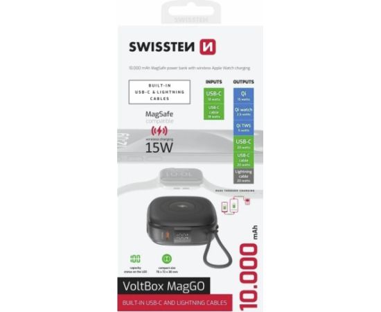 Swissten Power Bank Voltbox MagGO ar iebūvētiem Vadiem / Magsafe / Apple Watch Ārējas Uzlādes Baterija 10000 mAh