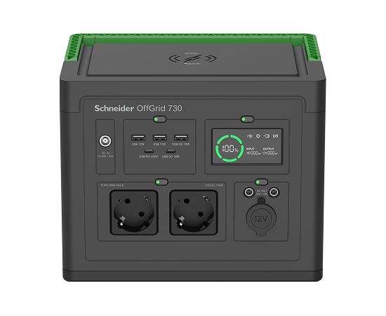 APC Schneider OffGrid Portable Power Station 730, 738Wh Lithium-ion, LCD, 2 CEE 7 3 Schuko outlets, Sinewave, 3 USB-A, 2 USB-C, Wireless Charger   PPS730-GR