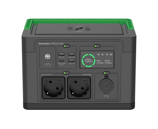 APC Schneider OffGrid Portable Power Station 330, 230V, 332Wh Lithium-ion, LCD, 2 CEE 7 3 Schuko outlets, Sinewave, 3 USB-A, 1 USB-C, Wireless Charger   PPS330-GR
