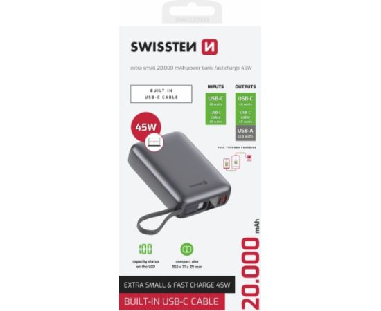 Swissten Power Bank 20000 mAh 45W со встроенным кабелем USB-C