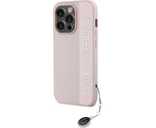 Karl Lagerfeld PU Saffiano Rhinestone Charm Case for iPhone 14 Pro Pink