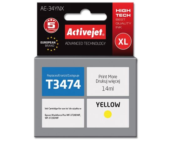 Activejet AE-34YNX Ink Cartridge (replacement for Epson 34XL T3474; Supreme; 14 ml; yellow)