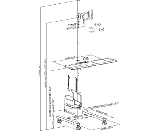 Maclean professional laptop stand cart, mobile computer workstation on wheels, max 17"-32", max 20kg, MC-793