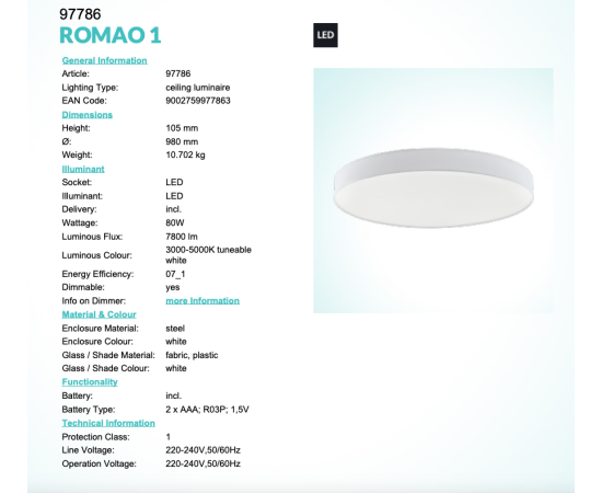 Gr.l. ROMAO 1 80W LED 3000-5000K 7800lm balta Griestu Lampa