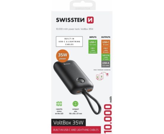 Swissten Voltbox 35W Power Bank 10000 mAh со встроенными кабелями USB-C и Lightning