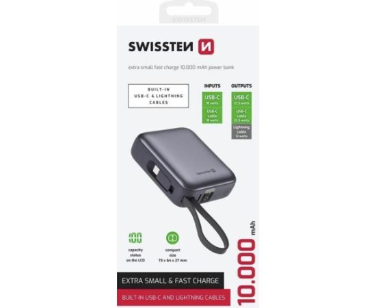 Swissten Ārējās uzlādes Baterija 10000 mAh ar iebūvētiem USB-C un Lightning kabeļiem