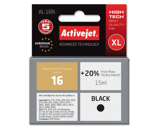 Activejet AL-16N Ink Cartridge (replacement for Lexmark 16 10N0016; Supreme; 15 ml; black)