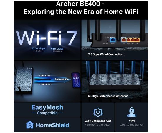 Wireless Router TP-LINK Wireless Router 6500 Mbps Wi-Fi 7 3x10/100/1000M 1x2.5GbE LAN \ WAN ports 1 Number of antennas 6 ARCHERBE400