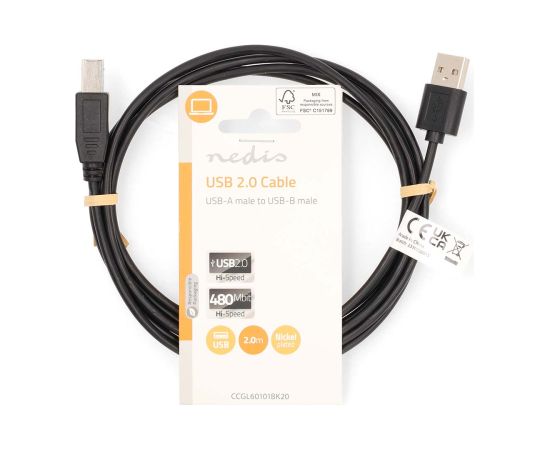 Nedis Printera kabelis USB 2.0 A Male - USB B Male 480 Mbps 2 m, melns