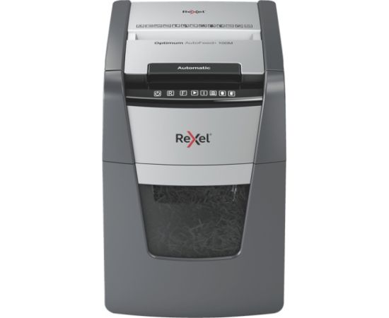 Rexel Optimum AutoFeed+ 100M Paper Shredder, Micro-cut shredding 2x15mm 55dB P-5 34L, Grey/Black