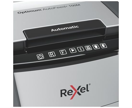 Rexel Optimum AutoFeed+ 100M Paper Shredder, Micro-cut shredding 2x15mm 55dB P-5 34L, Grey/Black
