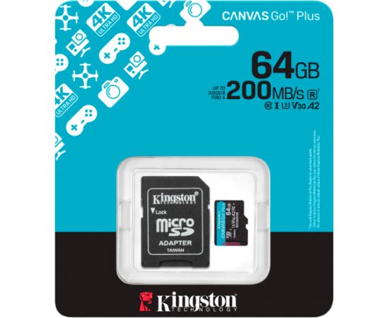 KINGSTON 64GB microSDXC Canvas Go Plus Gen4 200MB/s A2 U3 V30 Card + Adapter