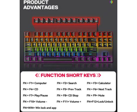 RoGer K80 Spēļu vadu Mehāniskā tastatūra RGB / USB