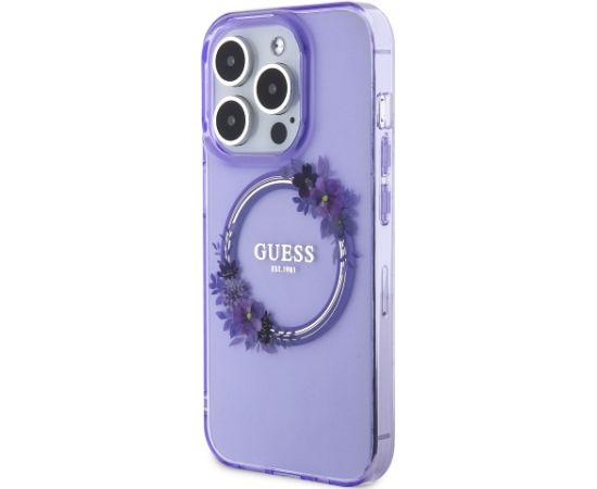 Guess PC|TPU Flowers Ring Glossy Logo MagSafe  maciņš iPhone 15 Pro Max violets