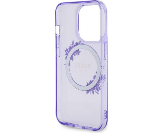 Guess PC|TPU Flowers Ring Glossy Logo MagSafe  maciņš iPhone 15 Pro Max violets