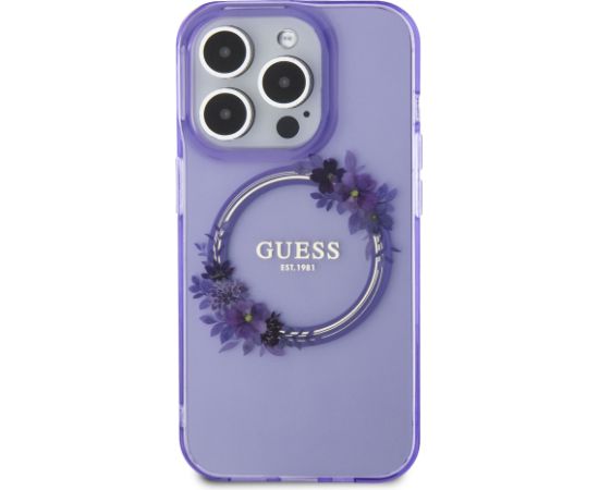 Guess PC|TPU Flowers Ring Glossy Logo MagSafe Korpuss iPhone 15 Pro violets
