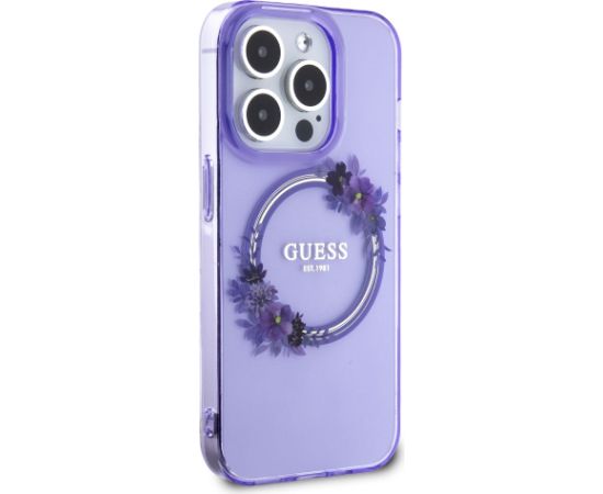 Guess PC|TPU Flowers Ring Glossy Logo MagSafe Korpuss iPhone 15 Pro violets