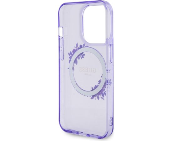Guess PC|TPU Flowers Ring Glossy Logo MagSafe Korpuss iPhone 15 Pro violets