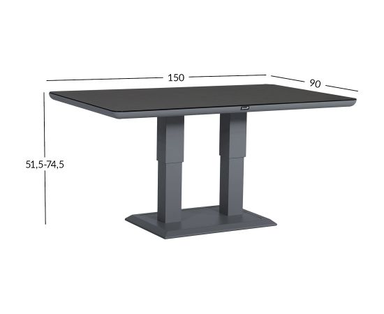 Galds TOMSON 150x90xH52-75cm, tumši pelēks ar stikla virsmu