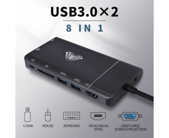 Aula OT-95117 8in1 USB-C к HDMI 4K 30Hz + VGA + USB3.0 x2 + PD + 1000M LAN + SD + 3.5mm аудиоразъем